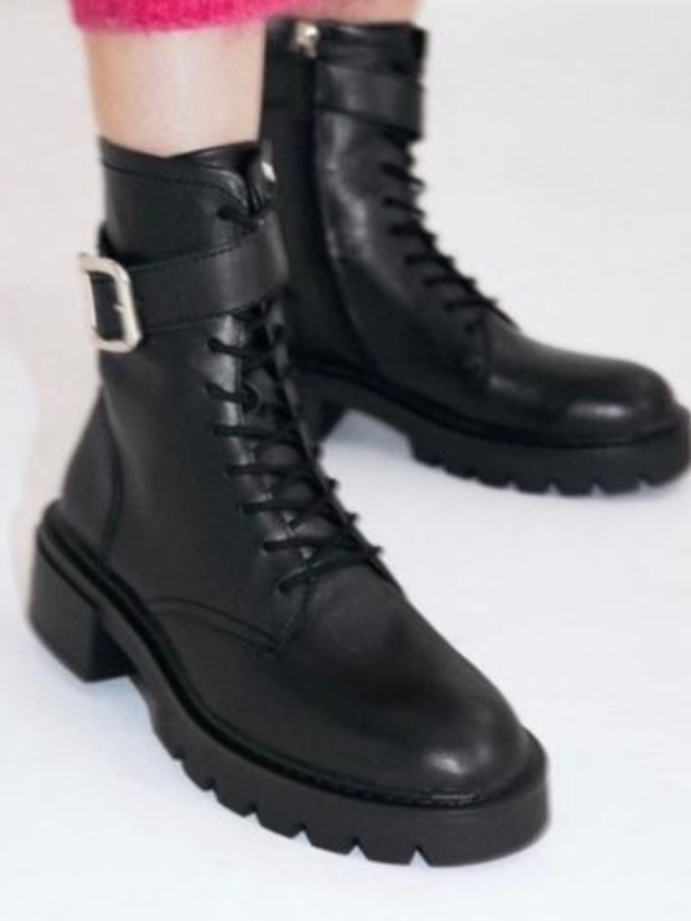 Zara Black Leather Lace-Up Combat Boots with Gold Buckle